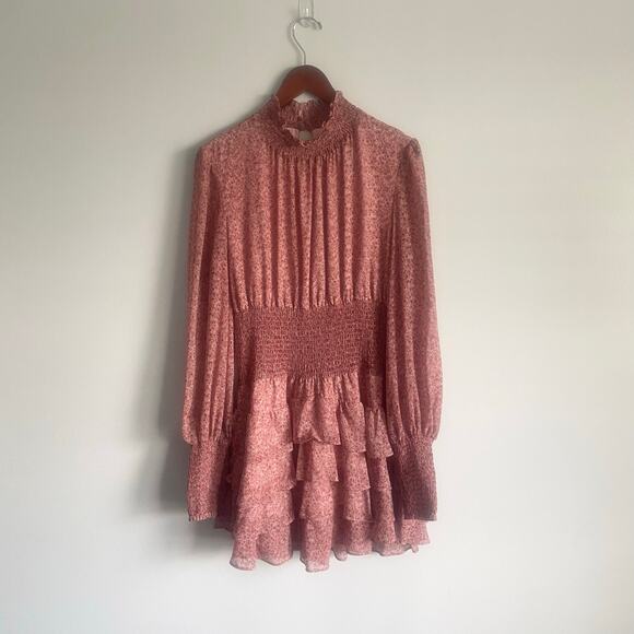 Bardot Georgette Soft Floral-Print Mini Ruffle Dress Chiffon Smocked Pink Size 8 - Picture 4 of 10